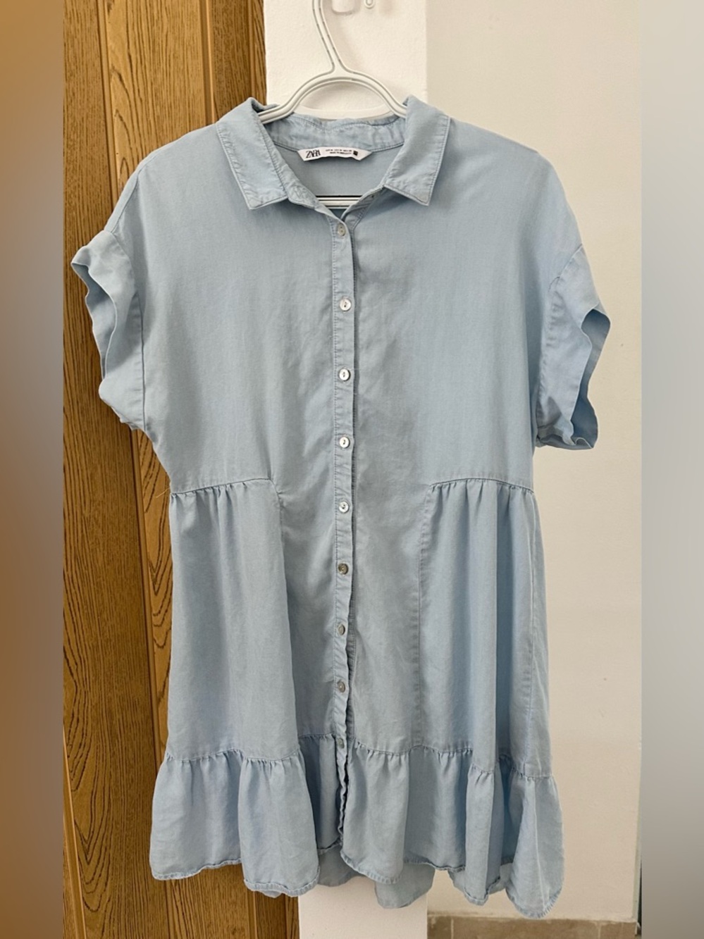 Zara Light Blue Babydoll Mini Dress | Button Front Tiered Ruffle | Size M
